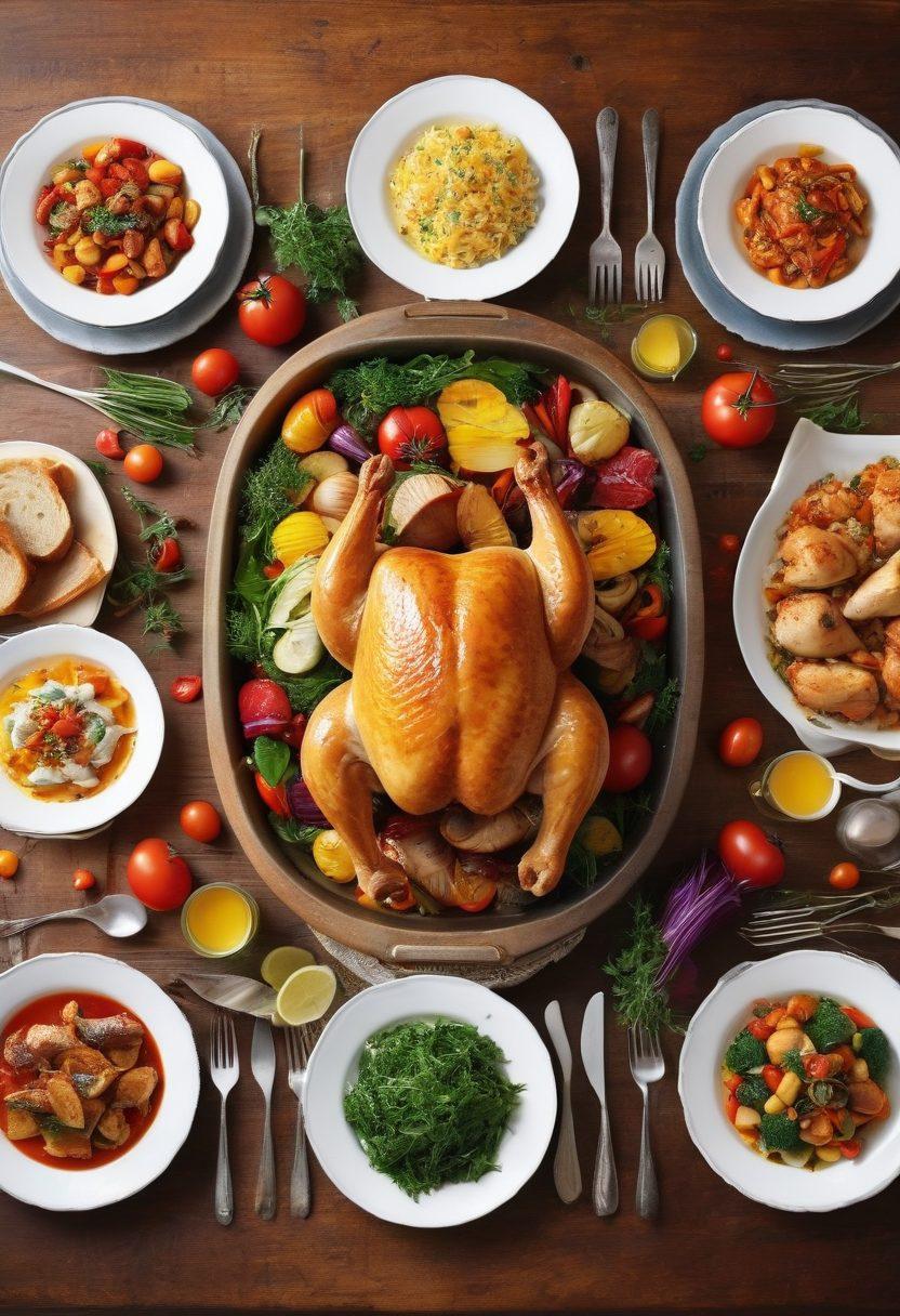 A beautifully arranged dining table featuring 10 vibrant chicken dishes, each colorful and appetizing. Include fresh herbs, vegetables, and cooking utensils scattered artfully around, with warm, inviting lighting. Highlight joyful cooking moments, like a chef smiling while preparing one of the meals. The background should evoke a cozy kitchen atmosphere. super-realistic. vibrant colors. warm lighting.