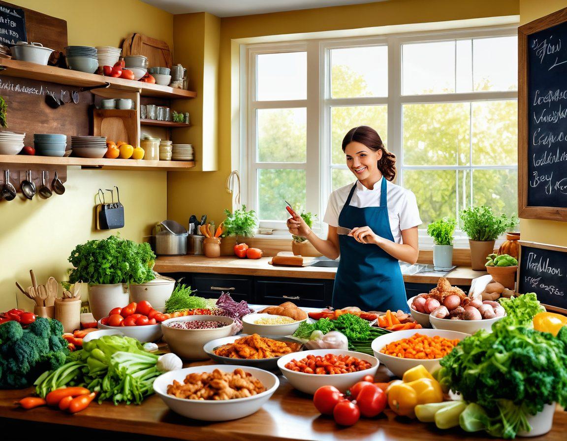 A colorful kitchen scene with a cheerful chef preparing various chicken dishes, surrounded by vibrant ingredients like fresh vegetables, herbs, and spices. Include a bright window letting in sunlight, and a chalkboard with '10 Super Easy Chicken Recipes' written on it. Showcase playful elements like cooking utensils and a smiling family enjoying the meals. whimsical and bright. vibrant colors. painting.