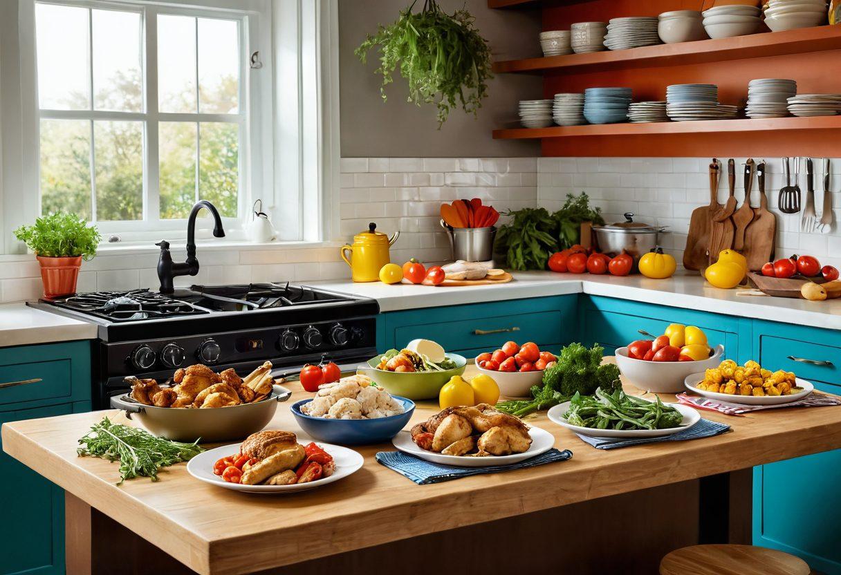 A bright, cheerful kitchen scene filled with vibrant colors, showcasing a variety of simple chicken dishes beautifully plated. Include fresh herbs, colorful vegetables, and kitchen utensils that evoke a sense of joy and creativity in cooking. The background should be lively and inviting, capturing the essence of happy meal preparation. Use warm lighting to enhance the comforting atmosphere. super-realistic. vibrant colors.